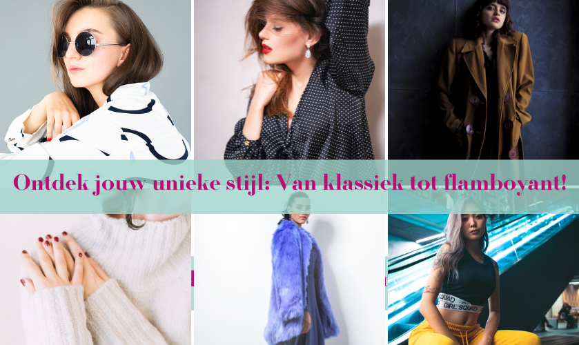 Collage van mode-outfits die stijltypes vertegenwoordigen, zoals klassiek, naturel, romantisch, gamine, creatief en flamboyant.