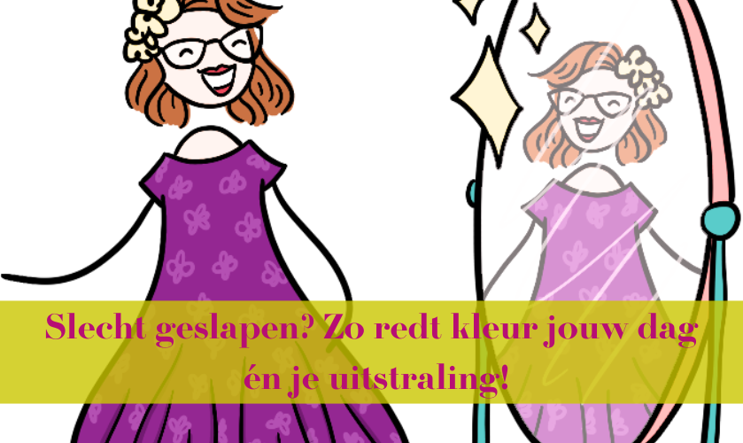 Tekening van een vrouw in kleurrijke kleding kijkt stralend in de spiegel .